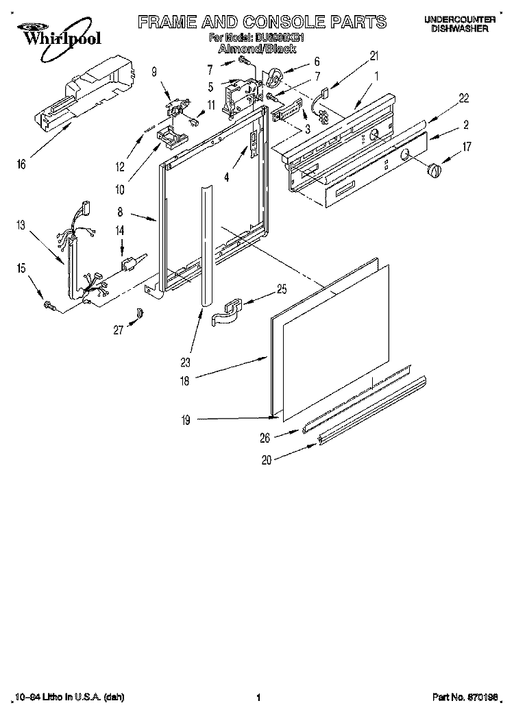 FRAME AND CONSOLE Diagram and Parts List for DU8900XB1  Whirlpool Dishwasher