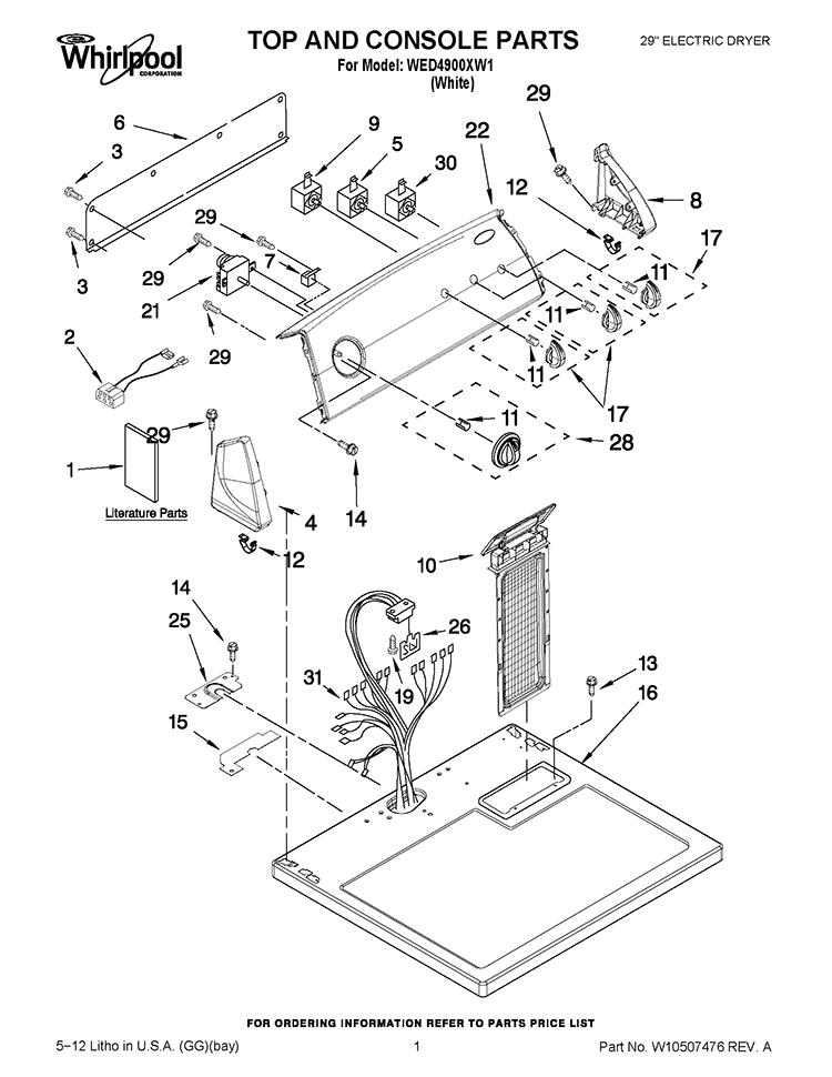 TOP AND CONSOLE PARTS Diagram and Parts List for WED4900XW1  Whirlpool Dryer