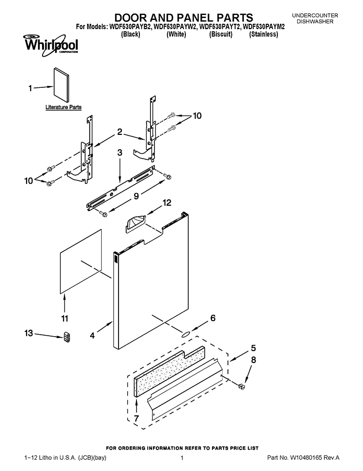 DOOR AND PANEL PARTS Diagram and Parts List for WDF530PAYM2  Whirlpool Dishwasher
