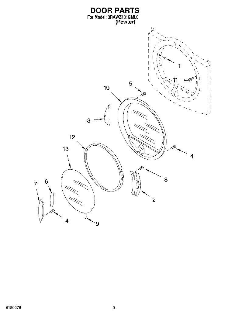 DOOR PARTS Diagram and Parts List for 3RAWZ481GML0  Whirlpool Dryer