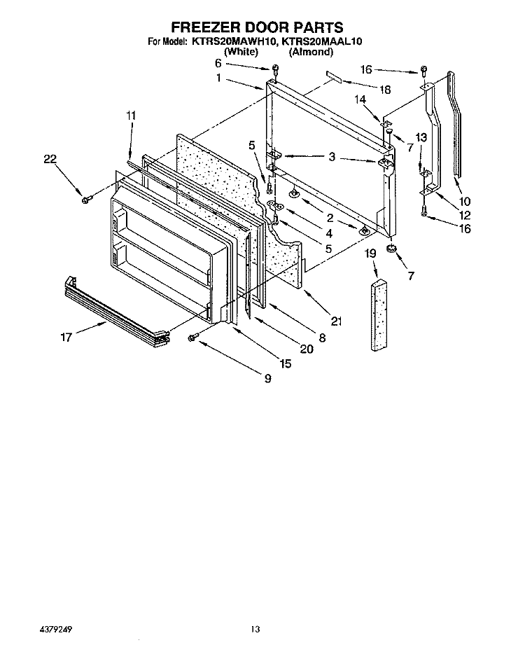 FREEZER DOOR Diagram and Parts List for KTRS20MAAL10  KitchenAid Refrigerator