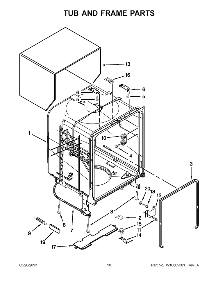 TUB AND FRAME PARTS Diagram and Parts List for IUD8100YS2  Whirlpool Dishwasher