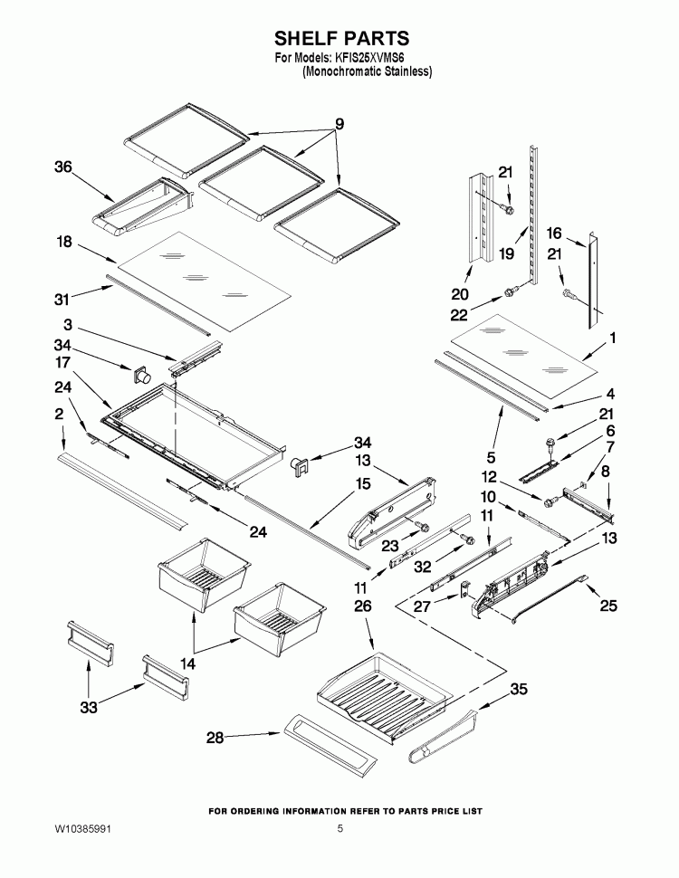 SHELF PARTS Diagram and Parts List for KFIS25XVMS6  KitchenAid Refrigerator