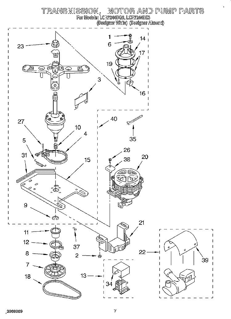TRANSMISSION, MOTOR AND PUMP Diagram and Parts List for LCR7244DQ3  Whirlpool Washer
