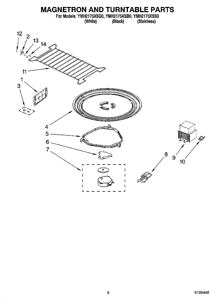 MAGNETRON AND TURNTABLE PARTS Diagram and Parts List for YMH2175XSQ0  Whirlpool Microwave