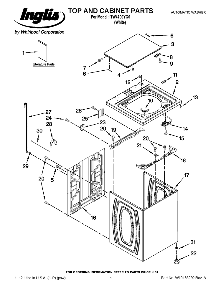 TOP AND CABINET PARTS Diagram and Parts List for ITW4700YQ0  Inglis Washer