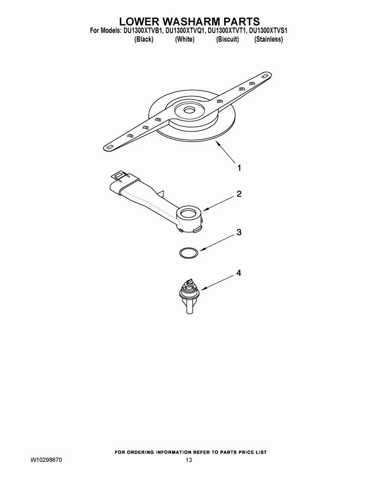 LOWER WASHARM PARTS Diagram and Parts List for DU1300XTVQ1  Whirlpool Dishwasher