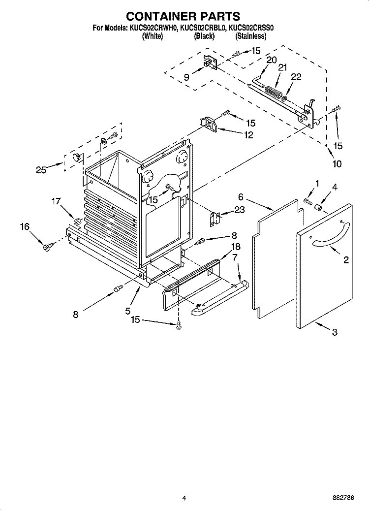 CONTAINER PARTS Diagram and Parts List for KUCS02CRSS0  KitchenAid Trash Compactor