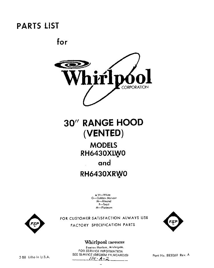 SECTION Diagram and Parts List for RH6430XLW0  Whirlpool Range Hood