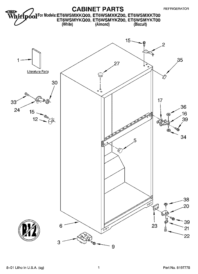 CABINET, LITERATURE Diagram and Parts List for ET6WSMXKT00  Whirlpool Refrigerator