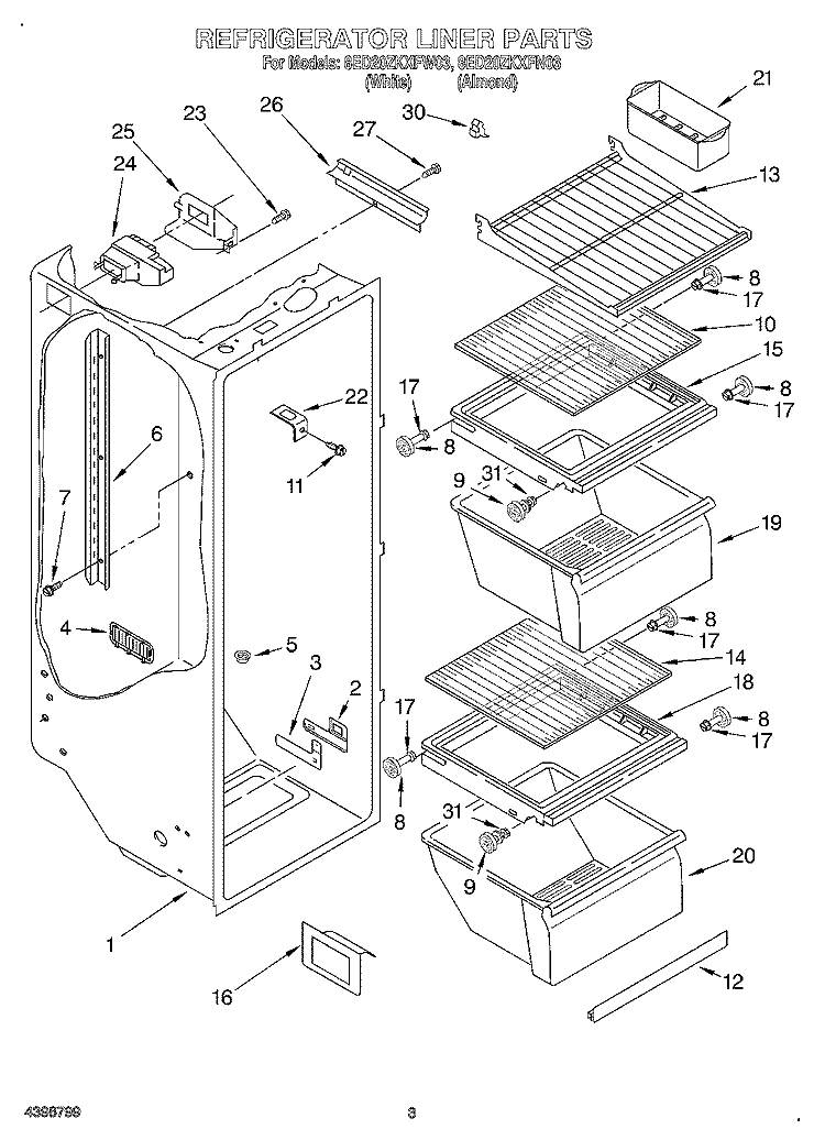 REFRIGERATOR LINER Diagram and Parts List for 8ED20ZKXFN03  Whirlpool Refrigerator