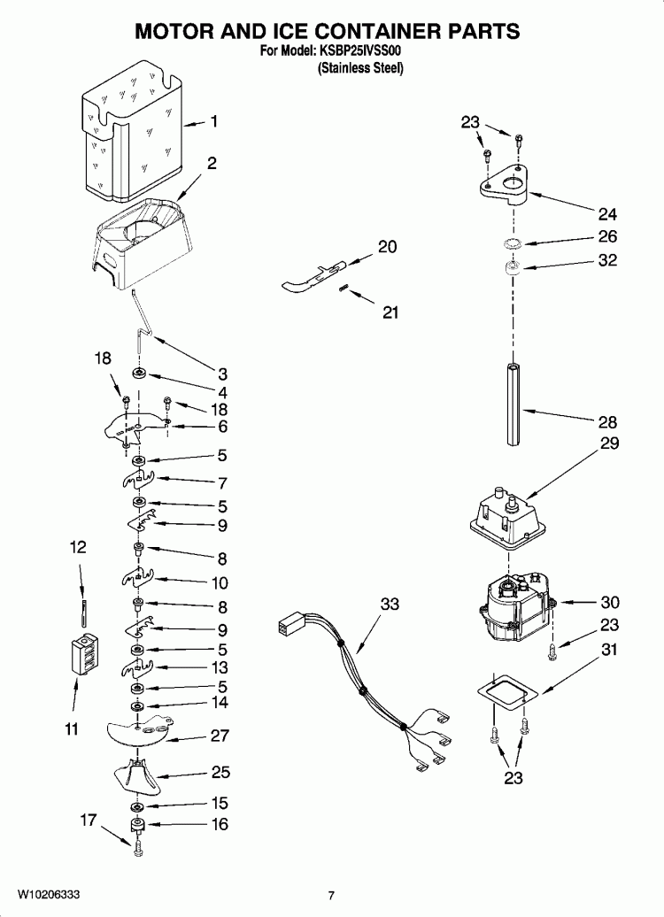 MOTOR AND ICE CONTAINER PARTS Diagram and Parts List for KSBP25IVSS00  KitchenAid Refrigerator