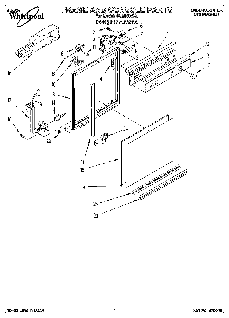 FRAME AND CONSOLE Diagram and Parts List for DU8560XX2  Whirlpool Dishwasher