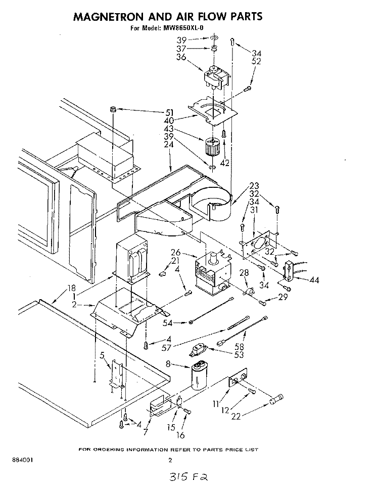 MAGNETRON AND AIR FLOW Diagram and Parts List for MW8650XL0  Whirlpool Microwave