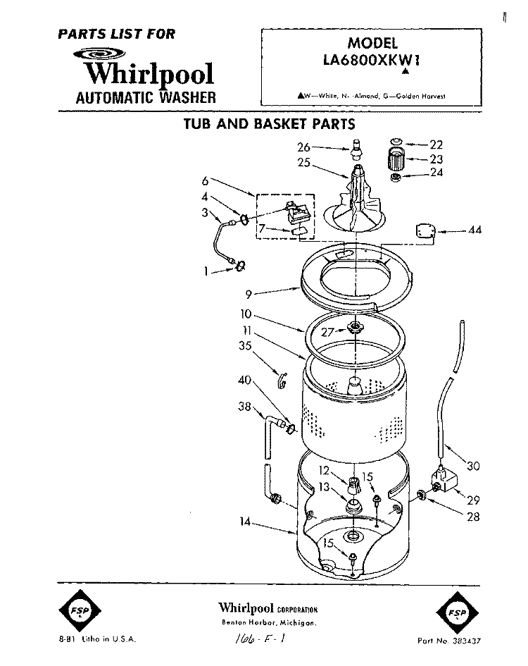 TUB AND BASKET Diagram and Parts List for LA6800XKW1  Whirlpool Washer