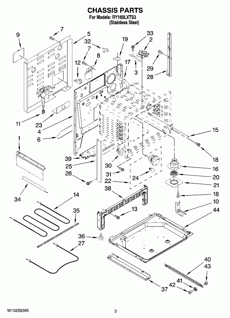 CHASSIS PARTS Diagram and Parts List for RY160LXTS3  Whirlpool Range