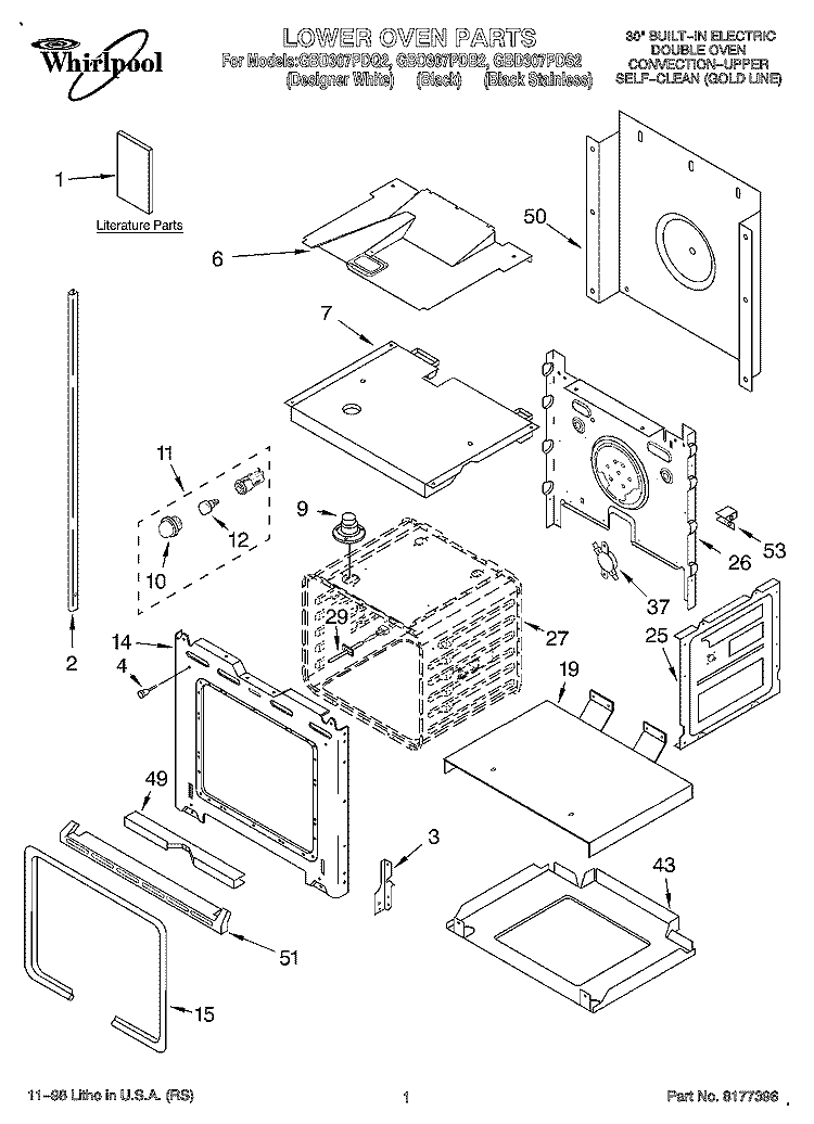 LOWER OVEN, LITERATURE Diagram and Parts List for GBD307PDB2  Whirlpool Wall Oven