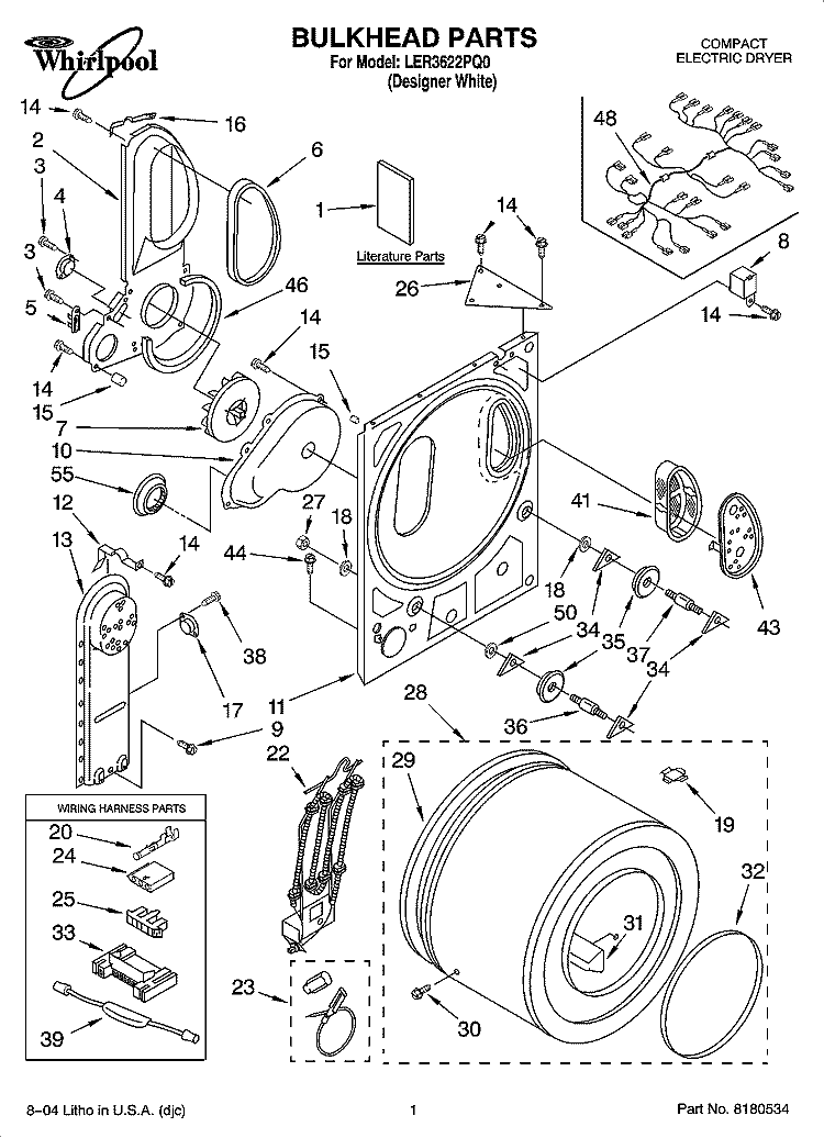BULKHEAD PARTS Diagram and Parts List for LER3622PQ0  Whirlpool Dryer