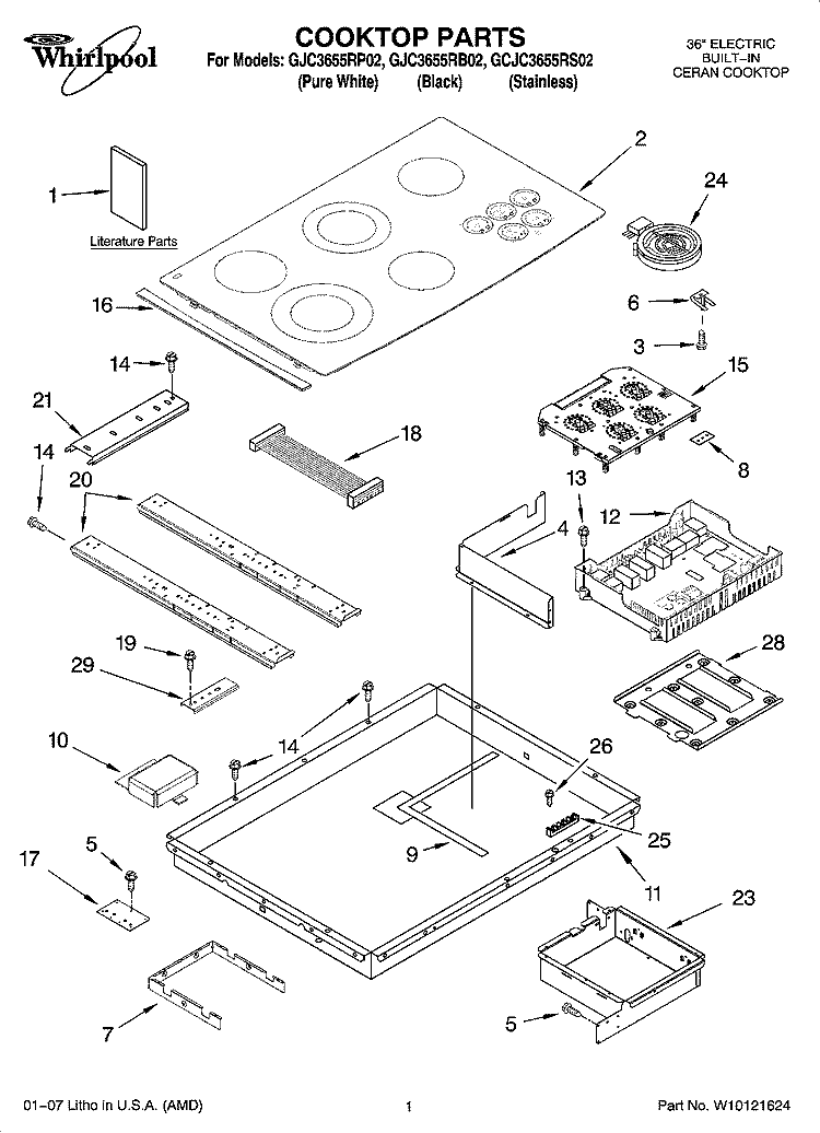 COOKTOP PARTS, OPTIONAL PARTS Diagram and Parts List for GCJC3655RS02  Whirlpool Cooktop