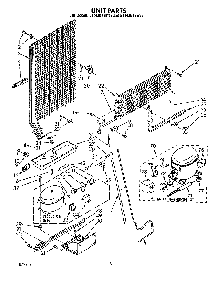 UNIT Diagram and Parts List for ET14JKYXG03  Whirlpool Refrigerator