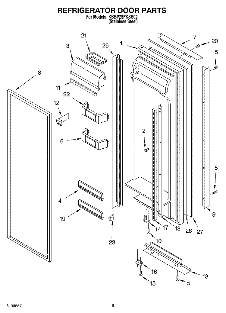 REFRIGERATOR DOOR PARTS Diagram and Parts List for KSBP25FKSS02  KitchenAid Refrigerator
