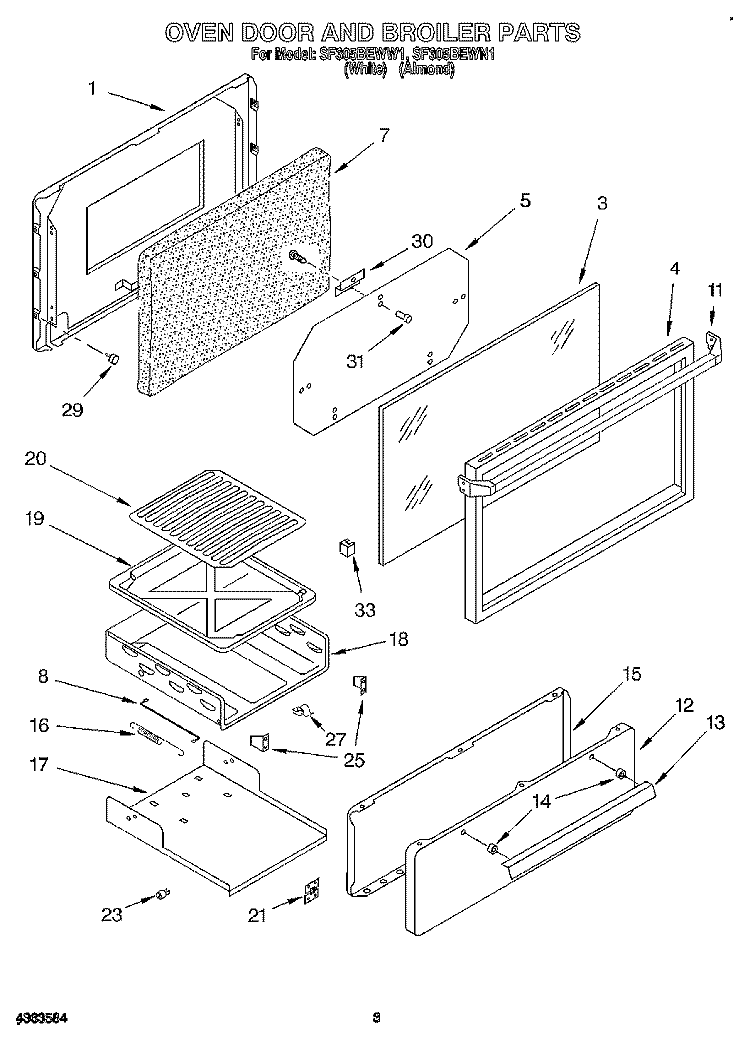 OVEN DOOR AND BROILER Diagram and Parts List for SF305BEWN1  Whirlpool Range