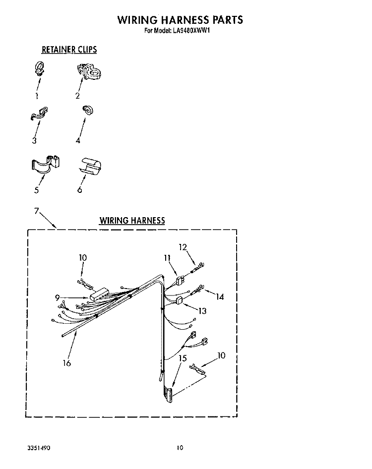 WIRING HARNESS Diagram and Parts List for LA9480XWF1  Whirlpool Washer