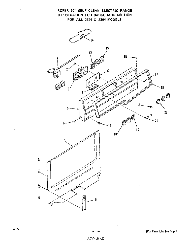 BACKGUARD Diagram and Parts List for 2364W0A  Roper Range
