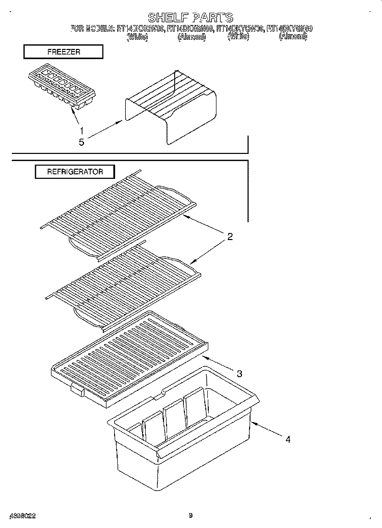 SHELF Diagram and Parts List for RT14DKYGW00  Roper Refrigerator