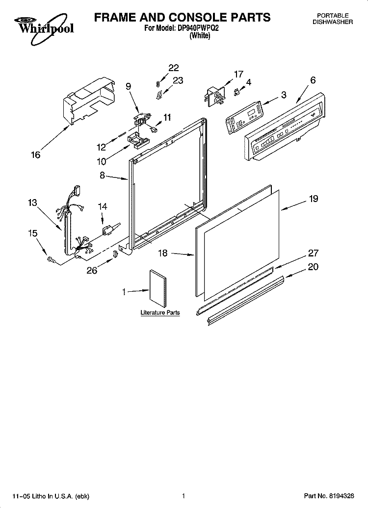 FRAME AND CONSOLE PARTS Diagram and Parts List for DP940PWPQ2  Whirlpool Dishwasher
