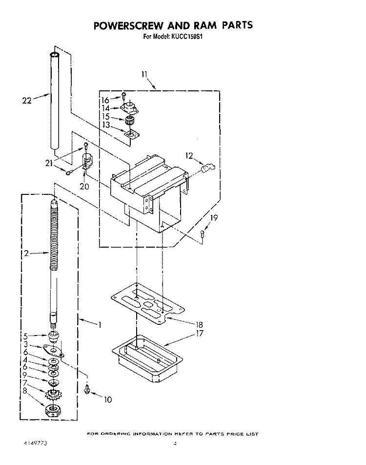 POWER SCREW AND RAM Diagram and Parts List for KUCC150S1  KitchenAid Trash Compactor