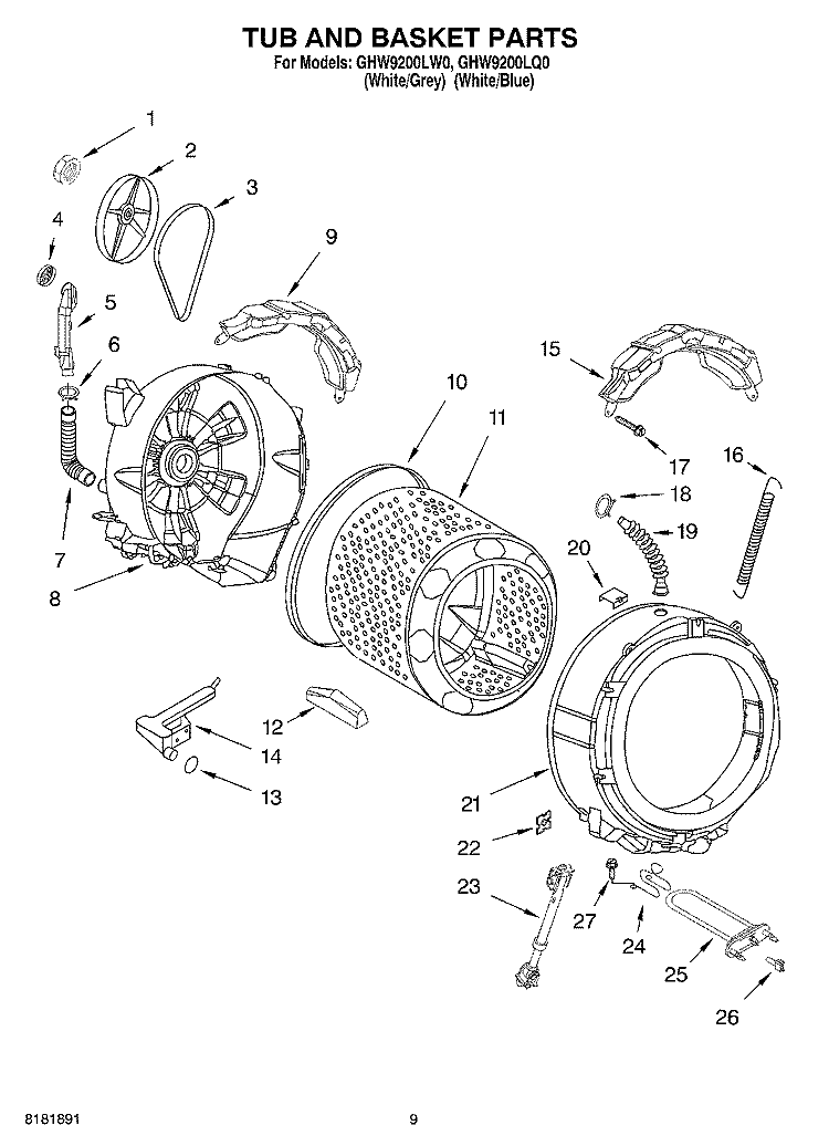 TUB AND BASKET Diagram and Parts List for GHW9200LQ0  Whirlpool Washer