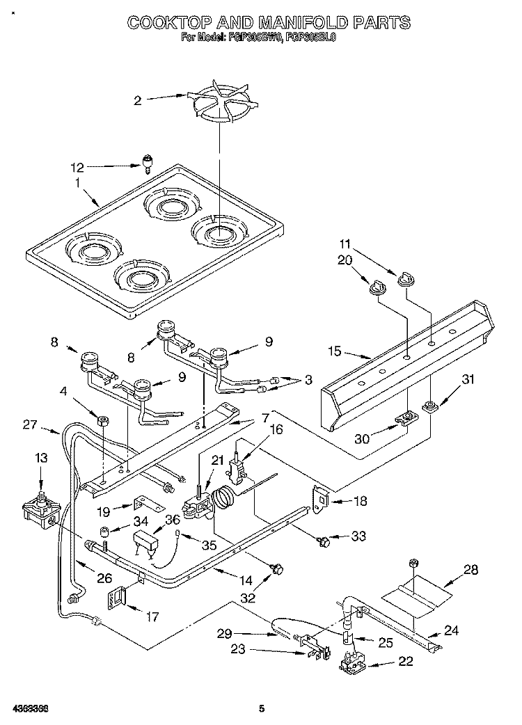 COOKTOP AND MANIFOLD, LIT/OPTIONAL Diagram and Parts List for FGP305BW0  Roper Range