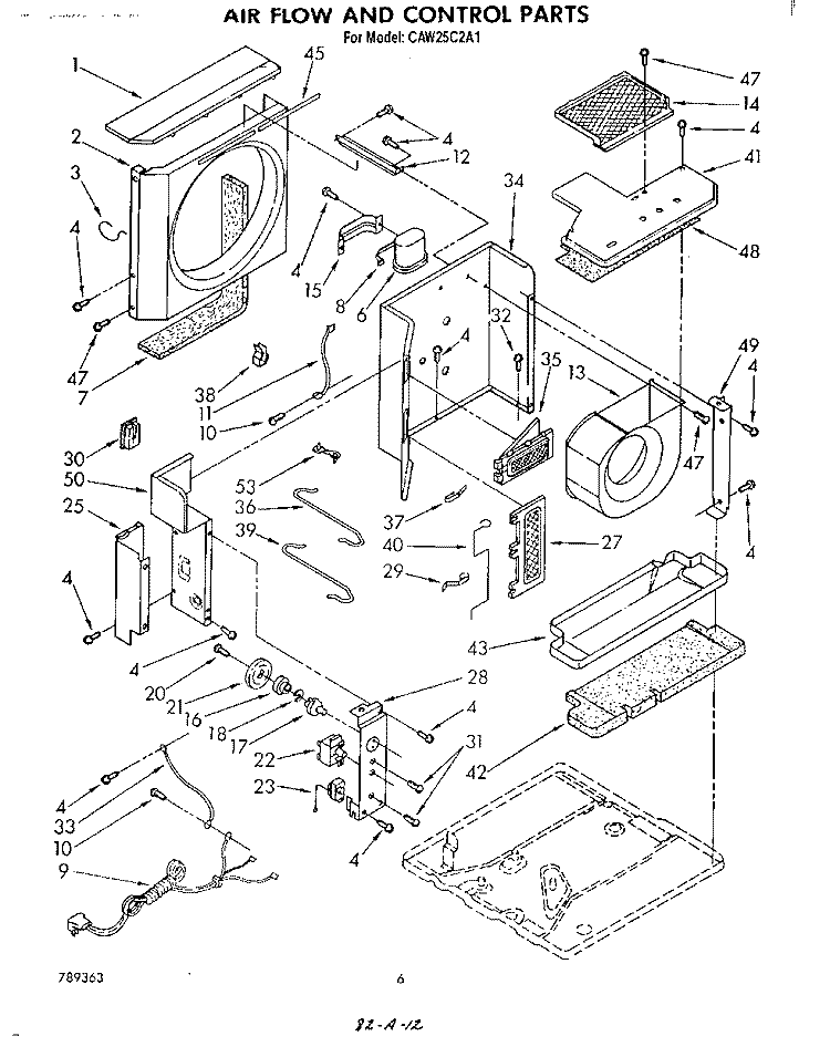 AIR FLOW AND CONTROL Diagram and Parts List for CAW25C2A1  Whirlpool Air Conditioner