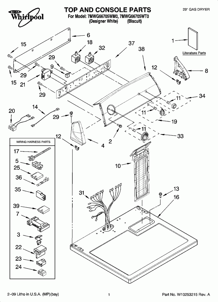TOP AND CONSOLE PARTS Diagram and Parts List for 7MWG66705WT0  Whirlpool Dryer