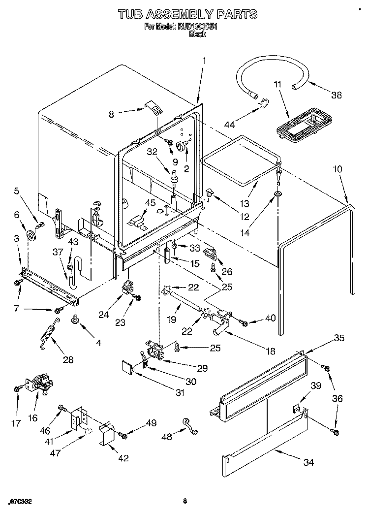 TUB ASSEMBLY Diagram and Parts List for RUD1000DB1  Roper Dishwasher