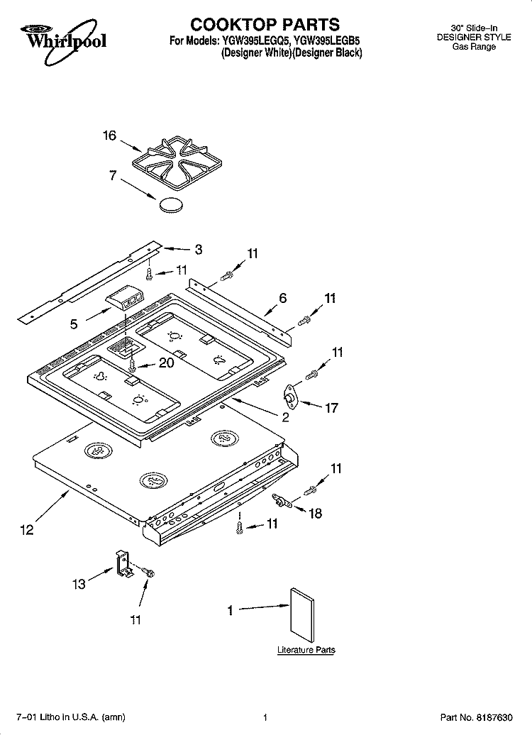 COOKTOP PARTS Diagram and Parts List for YGW395LEGQ5  Whirlpool Range