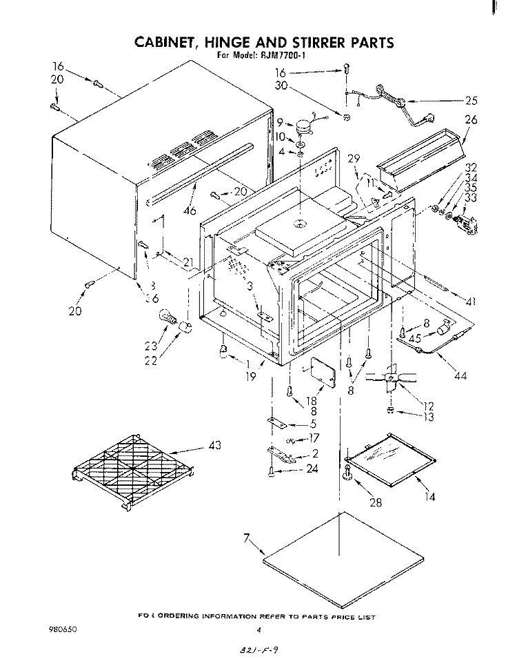 CABINET, HINGE, AND STIRRER , LITERATURE Diagram and Parts List for RJM77001  Whirlpool Microwave