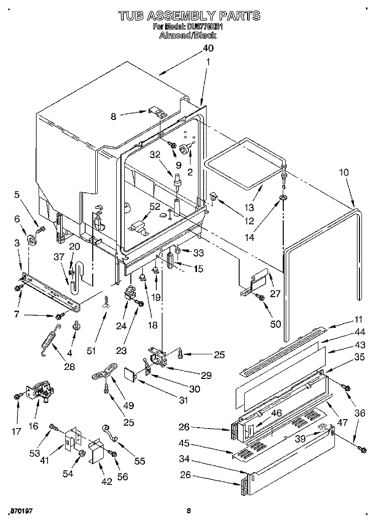 TUB ASSEMBLY Diagram and Parts List for DU8770XB1  Whirlpool Dishwasher