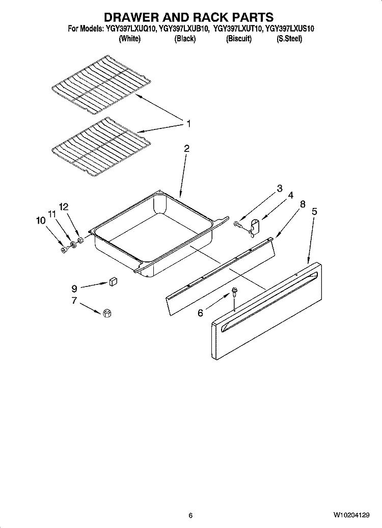 DRAWER AND RACK PARTS, OPTIONAL PARTS (NOT INCLUDED) Diagram and Parts List for YGY397LXUB10  Whirlpool Range