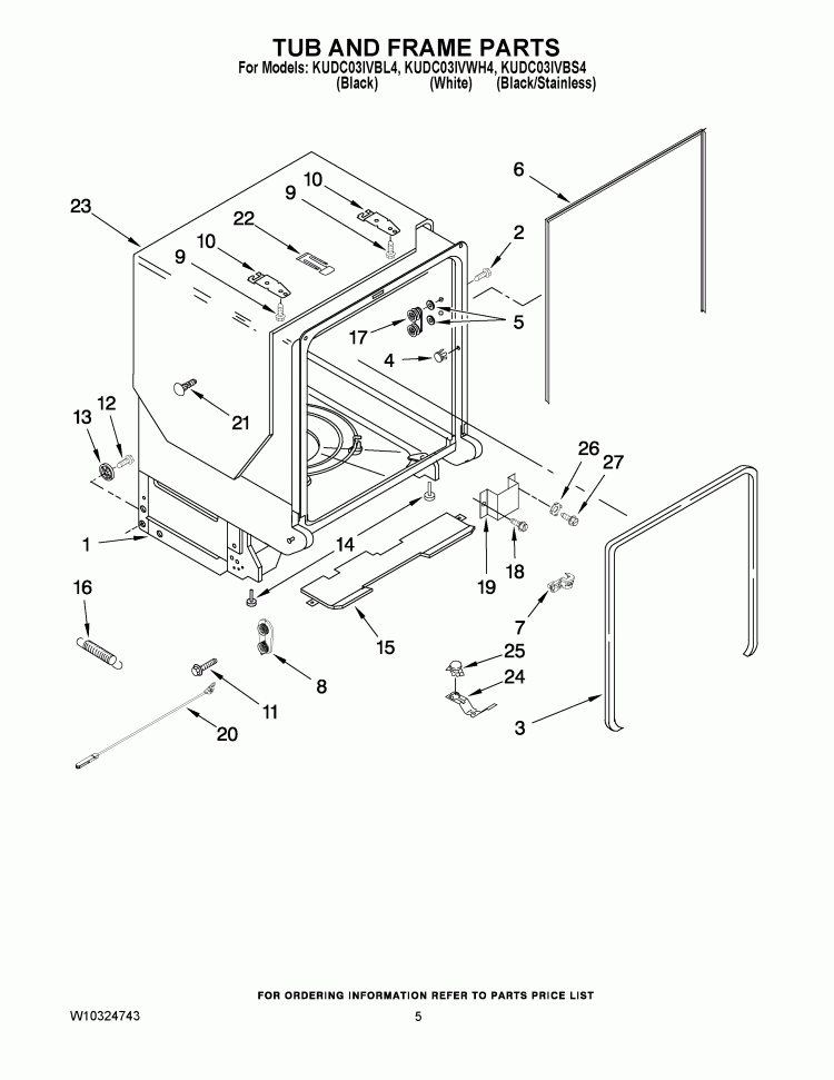TUB AND FRAME PARTS Diagram and Parts List for KUDC03IVBL4  KitchenAid Dishwasher