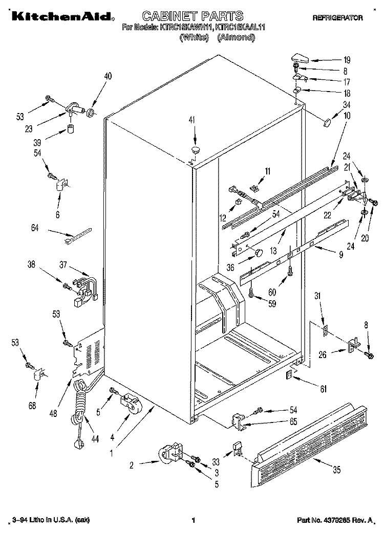 CABINET Diagram and Parts List for KTRC18KAWH11  KitchenAid Refrigerator