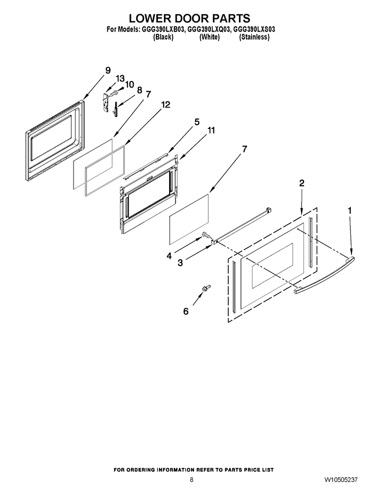 LOWER DOOR PARTS Diagram and Parts List for GGG390LXB03  Whirlpool Range