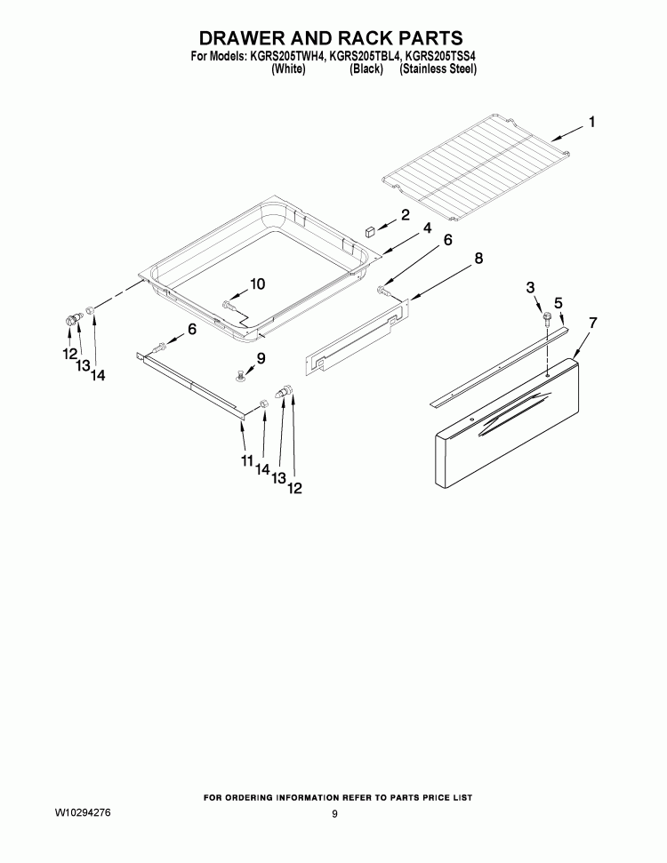 DRAWER AND RACK PARTS Diagram and Parts List for KGRS205TBL4  KitchenAid Range