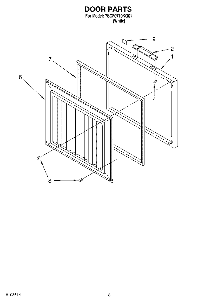 DOOR PARTS Diagram and Parts List for 7SCF0710KQ01  Whirlpool Freezer