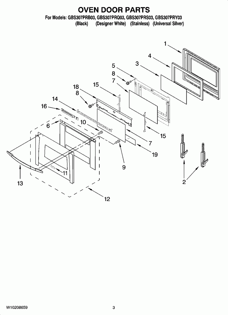 OVEN DOOR PARTS Diagram and Parts List for GBS307PRB03  Whirlpool Wall Oven