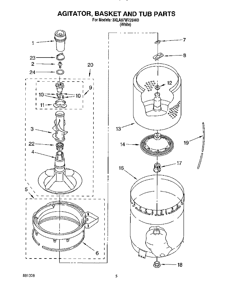 AGITATOR, BASKET AND TUB Diagram and Parts List for 3XLA87W72BW0  Whirlpool Washer