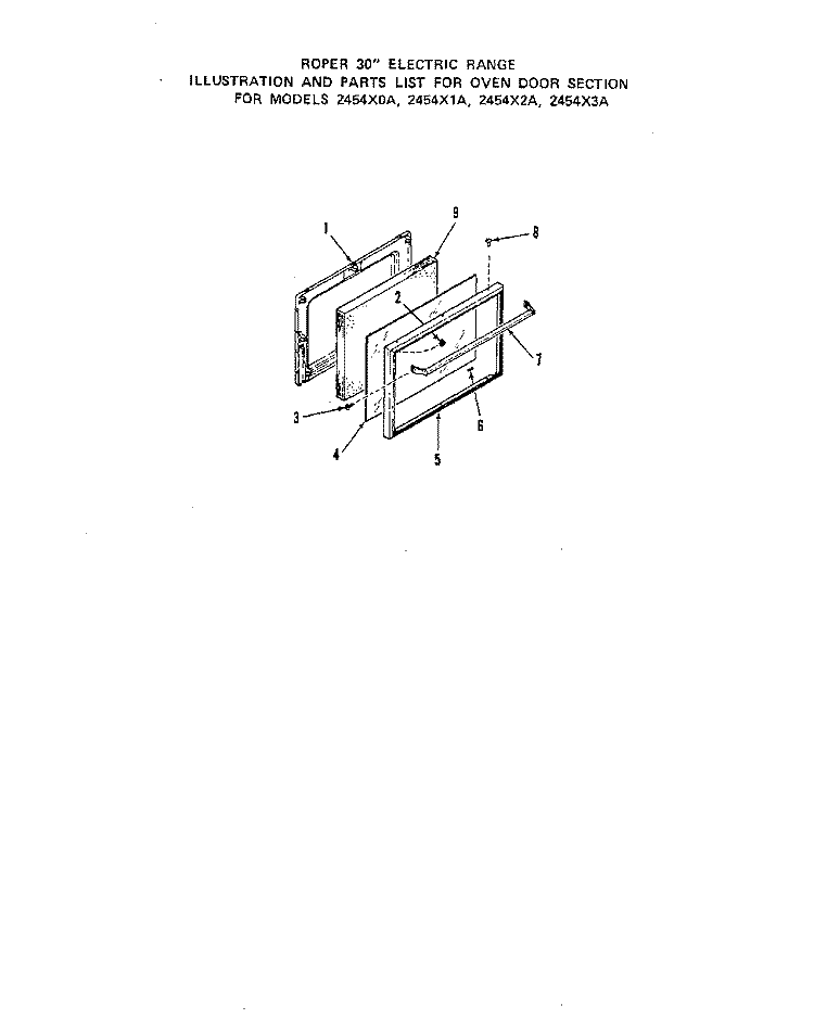 OVEN DOOR Diagram and Parts List for 2454X2A  Roper Range