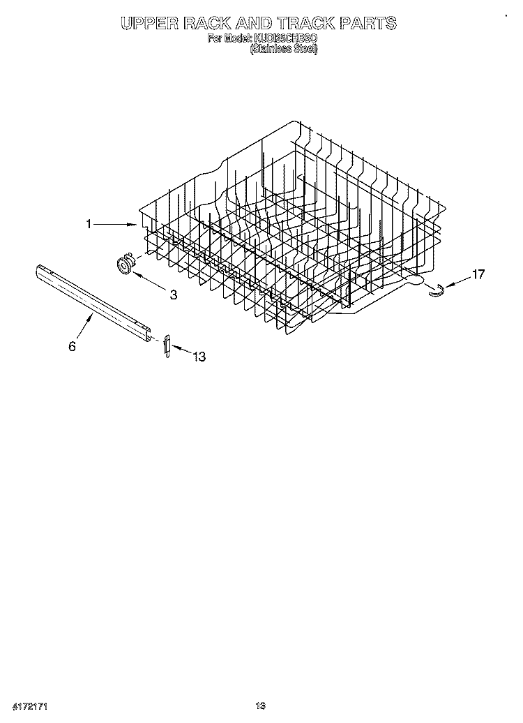 UPPER RACK AND TRACK Diagram and Parts List for KUDI25CHBS0  KitchenAid Dishwasher