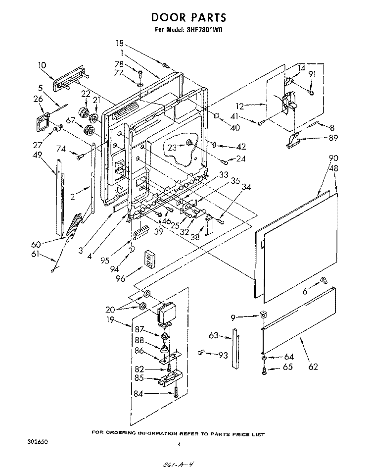DOOR Diagram and Parts List for SHF7801W0  Whirlpool Dishwasher